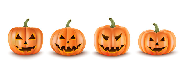 Collection scary pumpkins  for decoration halloween banners or web suit. 3d realistic style. Vector illustration