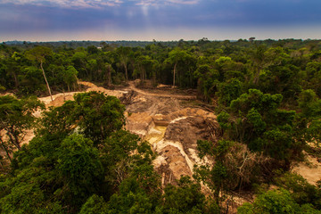 Illegal mining causes deforestation and river pollution in the Amazon rainforest near Menkragnoti Indigenous Land. - Pará, Brazil - obrazy, fototapety, plakaty