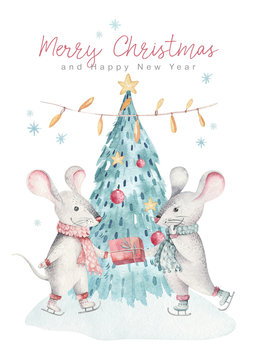 Cute funny cartoon christmas mouse christmas card. Watercolor hand drawn rat animal illustration. New Year 2020 holiday drawing. Isolated chinese symbol