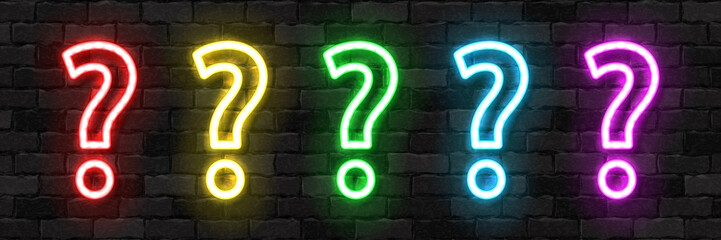Vector set of realistic isolated neon sign of Question logo for template decoration and covering on the wall background. Concept of trivia and did you know quiz. - obrazy, fototapety, plakaty