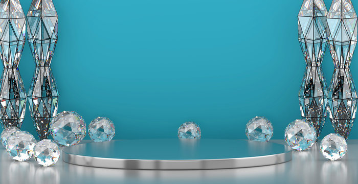 Abstract Luxury Blue stage mock up with caustic gems geometry and pole, template for advertising product, 3d rendering.