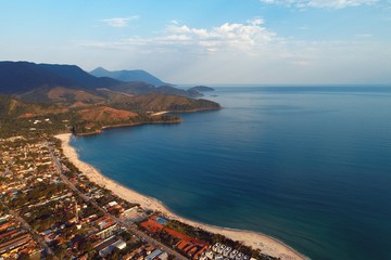 Fototapeta premium Aerial view of Maresias and Pauba Beaches, Sao Sebastiao, North Coast of Sao Paulo, Brazil. Vacation Travel. Travel destination. Tropical scenery. Great landscape
