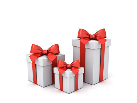 Gift boxes or present box with red ribbon and bow isolated on white background with shadows 3D rendering