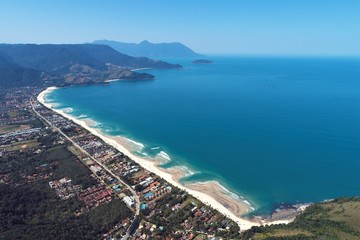 Aerial view of Maresias and Pauba Beaches, Sao Sebastiao, North Coast of Sao Paulo, Brazil. Vacation Travel. Travel destination. Tropical scenery. Great landscape