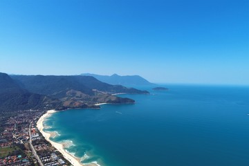 Aerial view of Maresias and Pauba Beaches, Sao Sebastiao, North Coast of Sao Paulo, Brazil. Vacation Travel. Travel destination. Tropical scenery. Great landscape