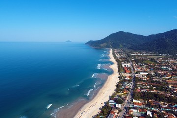 Aerial view of Maresias and Pauba Beaches, Sao Sebastiao, North Coast of Sao Paulo, Brazil. Vacation Travel. Travel destination. Tropical scenery. Great landscape