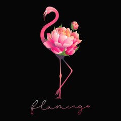 Cute flamingo with floral bouquet print vector illustration. Inspirational card with beautiful pink bird and gradient lettering inscription on dark background for clothes design, sketches, poster