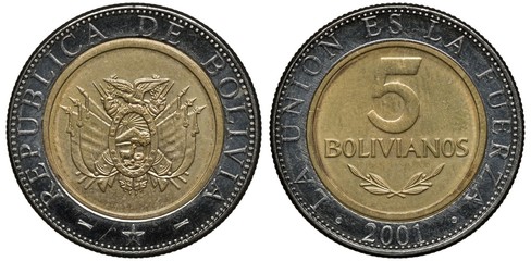 Bolivia Bolivian bimetallic coin 5 five bolivianos 2001, arms, oval shield with lama in front of...