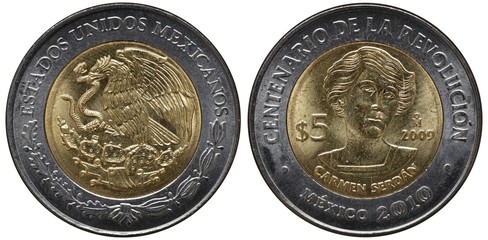 Mexico Mexican bimetallic coin 5 five pesos 2009, subject Centenary of Revolution, arms, eagle on cactus with snake in beak, head of Mexican revolutionary Mar&iacute;a del Carmen Serd&aacute;n Alatriste, 