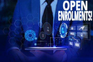 Writing note showing Open Enrolments. Business concept for when employees may make changes to...