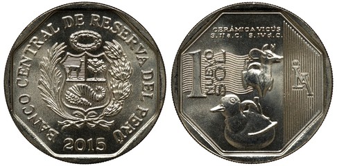 Peru Peruvian coin 1 one sol 2015, subject Incas ceramics, arms, shield with llama, tree and horn...