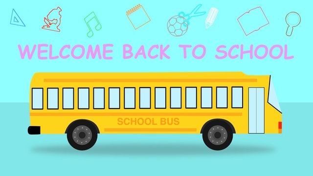 Back to school flat style colourful School Bus. School Bus on two-tone blue background with education symbols . Design illustration
