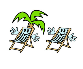 Deck chair cartoon character with tree palm, logo design. Travel, journey, travelling and vacation, vector design and illustration