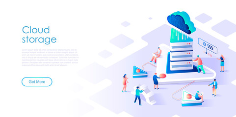 Fototapeta na wymiar Isometric landing page cloud storage or technology flat concept. Digital data service on mobile and computer devices for website or homepage. Isometric vector illustration template.