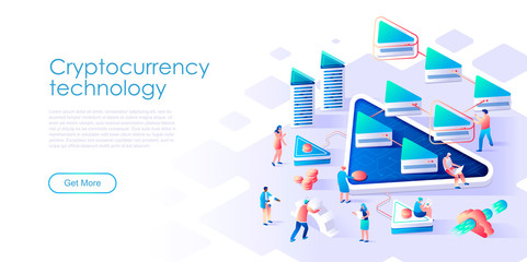Isometric landing page cryptocurrency exchange or mining flat concept. Network infrastructure for cryptocurrency mining for website or homepage. Isometric vector illustration template.
