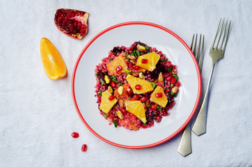Quinoa chilantro beet pistachio pomegranate salad