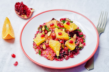 Quinoa chilantro beet pistachio pomegranate salad
