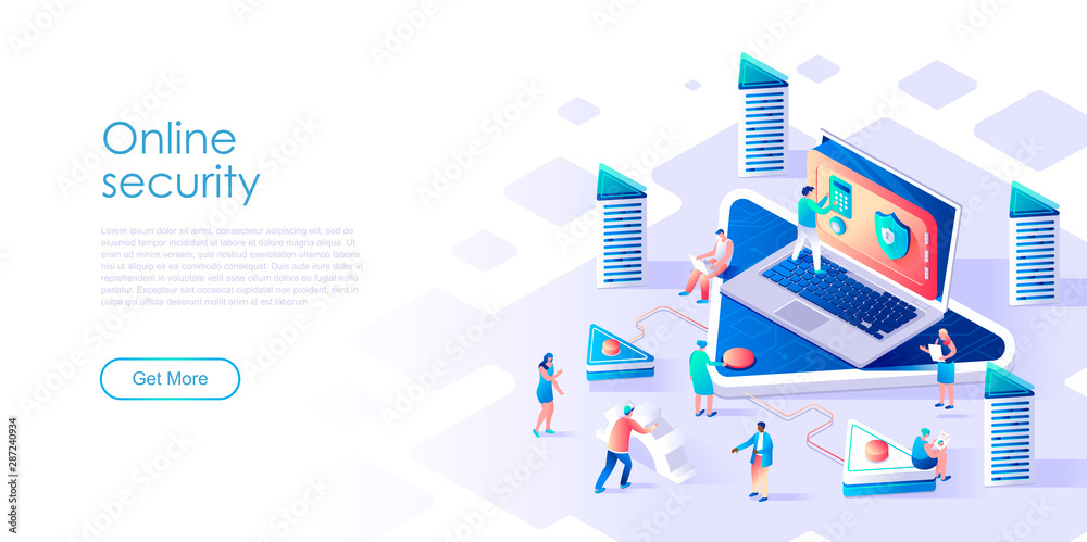 Wall mural isometric landing page online data security or applications flat concept. protecting data on mobile 