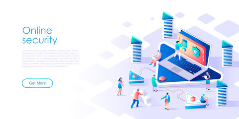 Isometric landing page online data security or applications flat concept. Protecting data on mobile and computer devices for website or homepage. Isometric vector illustration template.