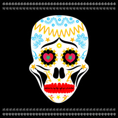 Creative Conceptual drawing of a sad, envious, colorful decorative sugar skull for day of the dead festival celebration /halloween/halloween decor/costume/tshirt design