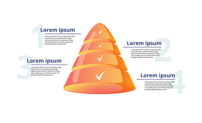 Pyramid 4 step process chart infographics with option circles. Funnel business workflow hierarchy elements.