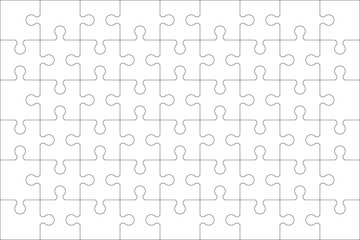 Puzzles blank template with linked rectangle grid. Jigsaw puzzle 9x6 size with 54 pieces. Mosaic background for thinking game with join details. Vector illustration. - obrazy, fototapety, plakaty