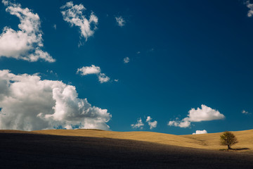 Rolling hills in autumn at harvest.