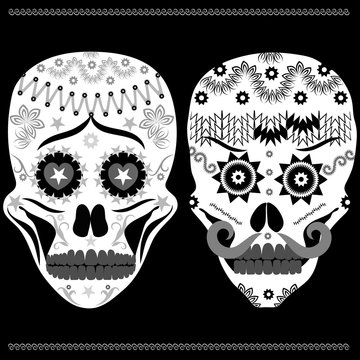 Expressive, angry and sad, decorative sugar skulls in gray scale, for day of the dead/ halloween decor/costume/tshirt design