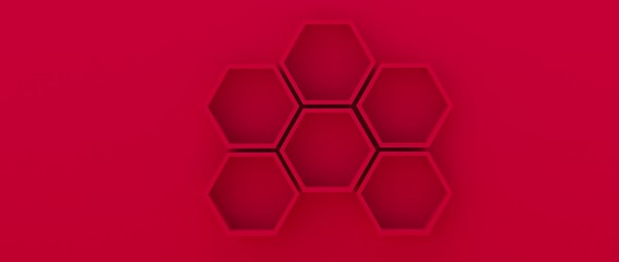Diseño abstracto de mobiliario con forma hexagonales. Iustracion tridimensional de colmena para presentación de producto con repisas y gabinetes. Fondo para presentación de producto con iluminación.