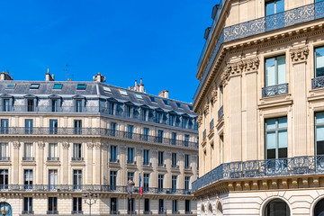 Fototapeta premium Paris, typical building, parisian facade wall and windows rue Auber