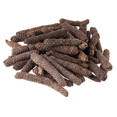 heap of pippali (long pepper) isolated on white background. top view