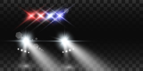 Realistic white glow round beams of car headlights, isolated on transparent background. Police car. Light from headlights. Police patrol.