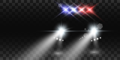 Obraz premium Realistic white glow round beams of car headlights, isolated on transparent background. Police car. Light from headlights. Police patrol.