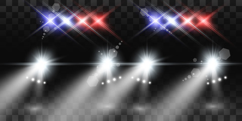 Realistic white glow round beams of car headlights, isolated on transparent background. Police car. Light from headlights. Police patrol.