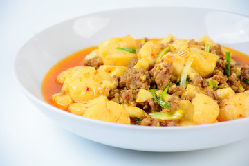 Mapo Tofu, popular Chinese dish.  The classic recipe consists of silken tofu, ground pork or beef and Sichuan peppercorn to name a few main ingredients.