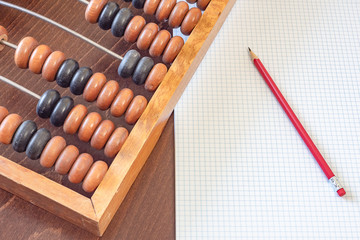 Vintage abacus, paper and pencil. Copy space