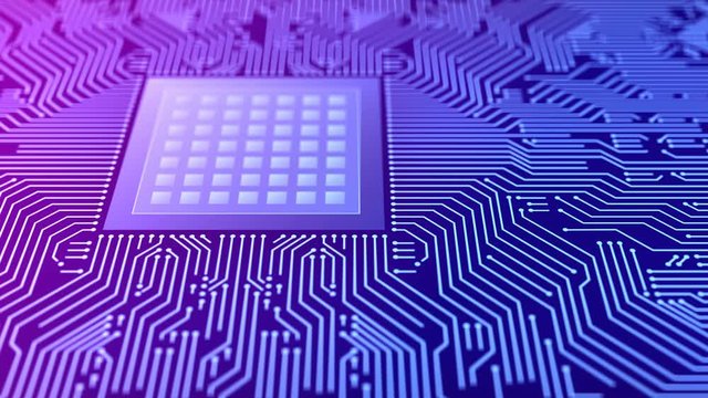 Futuristic animation of padlock symbol emerging on microprocessor on electronic circuit board. Abstract global security and technology concept.