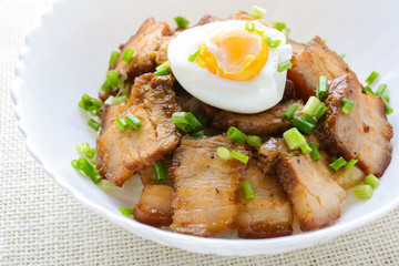 Bowl of rice topped with Braised pork belly and boiled egg, Japanese called Kakuni-don