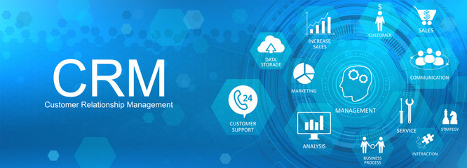 CRM banner. Customer relationship management concept background with icons and conceptuals keywords. Internet Business strategy. CRM concept, customer service and relationship. Vector image - obrazy, fototapety, plakaty