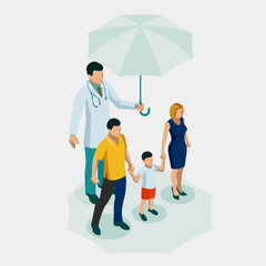 Isometric Health medical and life insurance for the whole family concept. Family Doctor With Happy Parents And Kid. Family doctor man.