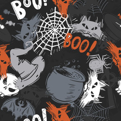 Abstract seamless halloween pattern for girls, boys, clothes. Creative background with scary lement. Funny wallpaper for textile and fabric. Fashion style. Colorful bright