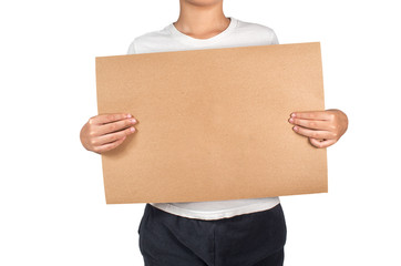Boy protests hold empty blank sign with copy space