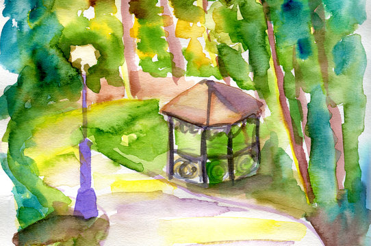 Watercolor sketch landscape pavilion in forest near river. Hand drawn illustration on paper