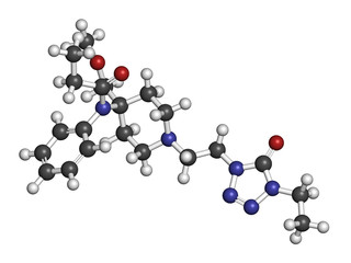 Alfentanil opioid analgesic drug molecule. 3D rendering. Atoms are represented as spheres with conventional color coding: hydrogen (white), carbon (grey), nitrogen (blue), oxygen (red).