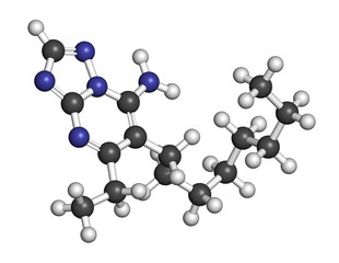 Ametoctradin fungicide molecule. 3D rendering. Atoms are represented as spheres with conventional color coding: hydrogen (white), carbon (grey), nitrogen (blue).