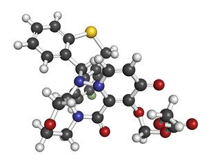 Baloxavir marboxil influenza drug molecule (cap-dependent endonuclease inhibitor). 3D rendering. Atoms are represented as spheres with conventional color coding: hydrogen (white), carbon (grey), etc
