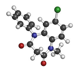 Clobazam epilepsy drug molecule. 3D rendering. Atoms are represented as spheres with conventional color coding: hydrogen (white), carbon (grey), nitrogen (blue), oxygen (red), chlorine (green).