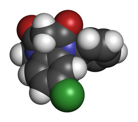 Clobazam epilepsy drug molecule. 3D rendering. Atoms are represented as spheres with conventional color coding: hydrogen (white), carbon (grey), nitrogen (blue), oxygen (red), chlorine (green).