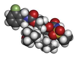 Danoprevir hepatitis C antiviral drug molecule. 3D rendering. Atoms are represented as spheres with conventional color coding: hydrogen (white), carbon (grey), nitrogen (blue), oxygen (red), etc