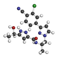 Darolutamide prostate cancer drug molecule. 3D rendering. Atoms are represented as spheres with conventional color coding: hydrogen (white), carbon (grey), nitrogen (blue), oxygen (red), etc